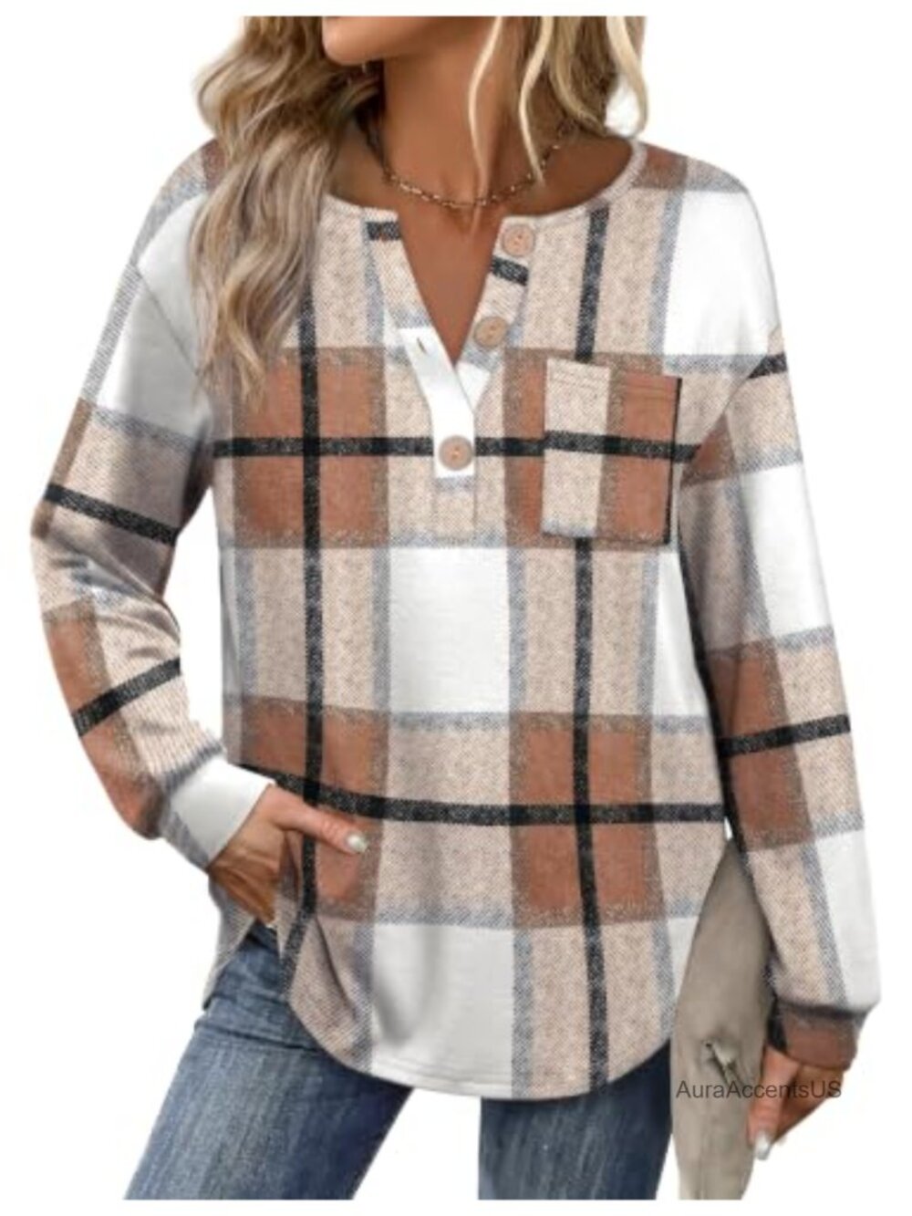 Long Sleeve Henley Tunic Top with Curved Hem and Pocket for Women